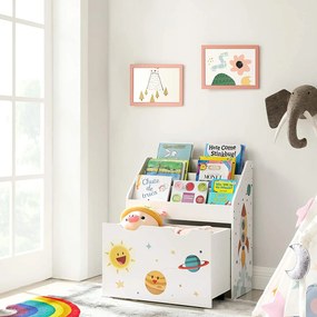 Detský organizér na knihy s úložným boxom na hračky, biely s vesmírnym motívom