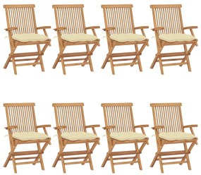 Záhradné stoličky s krémovo-bielymi podložkami 8 ks tíkový masív