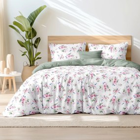 Goldea bavlnené posteľné obliečky duo - ružové sakury s lístkami s šalvejovo zelenou 220 x 200 a 2ks 70 x 90 cm (šev v strede)