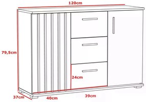 Komoda 120 cm, farba dub craft so zásuvkami a úchytkami