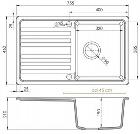 Sink Quality Sapphire, kuchynský granitový drez 755x460x190 mm + zlatý sifón, biela, SKQ-SAP.W.1KDO.XG