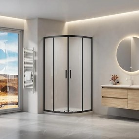 Erga Peoria, štvrťkruhový sprchový kút s posuvnými dverami 100(dvere) x 100(stena) x 190 cm, 6mm číre sklo, čierny profil, ERG-Q02-PEORIA-D100D100-CL-BK