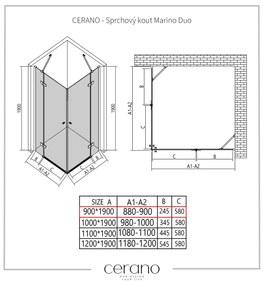 Cerano Marino Duo, sprchovací kút 90(dvere) x 90(dvere), 6mm číre sklo, chrómový profil, CER-CER-422910