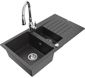 Mexen Matias, 1,5-komorový granitový drez 900x505x200 mm a drezová batéria Savita, čierna škvrtnitá, 6502-76-672601-00
