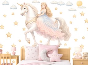 Princezná na bielom jednorožci textilní prelepiteľná nálepka na stenu hárok 46 x 38 cm