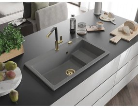 Mexen Omar, 1-komorový granitový drez 800x480x210 mm, šedá, zlatý sifón, 6520801005-71-G