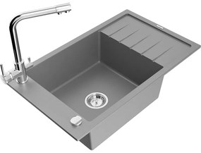 Mexen Elias, 1-komorový granitový drez s odkvapkávačom 795x480x200 mm a chrómová batéria Duero, šedá, 6511-71-671600-00