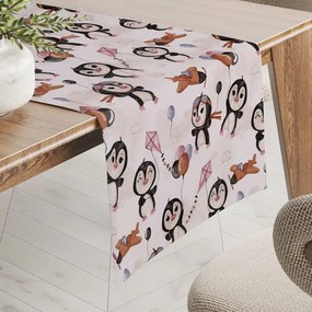 Biante Detský bavlnený behúň na stôl Sandra SA-647 Tučniačiky s hnedými lietadielkami na bielom 45x140 cm