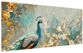 Obraz - Páv so zlatým dekorom (120x50 cm)