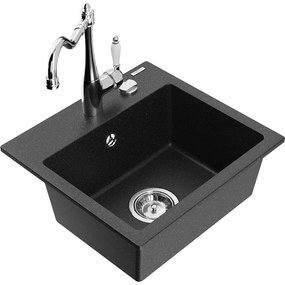 Mexen Milo, granitový drez 435x410x171 mm, 1-komorový a drezová batéria Carla, čierna-strieborná metalíza, 6505-73-670700-00