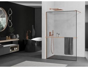 Mexen Kioto+, sprchová zástena Walk-In s poličkou a vešiakom 130 x 200 cm, 8mm číre sklo čierny vzor, medený matný profil, 800-130-121-65-70