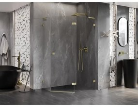 Mexen Lunar, L pravý výklopný päťuholníkový sprchový kút 90 x 80 cm, 8mm číre sklo, zlatý matný profil, 831L-090P-080L-55-00-P