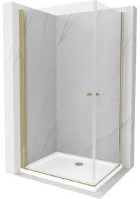 Mexen Pretoria Duo, sprchovací kút s 2-krídlovými dverami 90 (dvere) x 80 (dvere) cm, 6mm číre sklo, zlatý profil + slim sprchová vanička 5cm biela so zlatým sifónom, 852-090-080-50-02-4010G