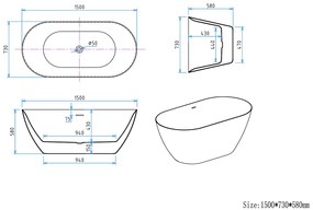 Erga Kaia, voľne stojaca vaňa 150x73 cm + odtoková zátka, biela lesklá, ERG-Kaia-150073-WH-WH