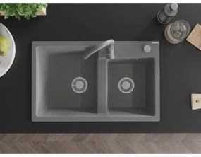 Mexen Tomas, granitový drez 800x500x190 mm, 2-komorový a šedá batéria Telma, šedá, 6516-71-670200-71