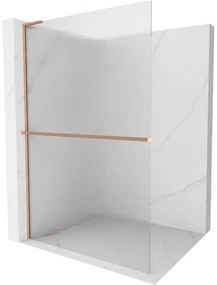 Mexen Kioto+ L, sprchová zástena Walk-In s poličkou a vešiakom 90 x 200 cm, 8mm sklo s rebrovým vzorom, medený matný profil, 800-090-123-65-09