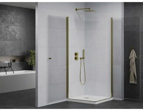 Mexen Pretoria Duo, sprchovací kút s 2-krídlovými dverami 70 (dvere) x 70 (dvere) cm, 6mm číre sklo, zlatý profil + slim sprchová vanička 5cm biela so zlatým sifónom, 852-070-070-50-02-4010G