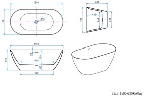 Erga Kaia, voľne stojaca vaňa 150x73 cm + odtoková zátka, biela lesklá, ERG-Kaia-150073-WH-WH