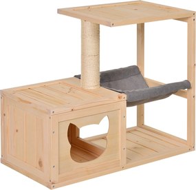 PawHut Mačacia chata s hojdacou sieťou, Mačací box so sisalovým stĺpom, Mačacia jaskyňa, Mačací strom, Mačacie aktivity centrum, Borovicové drevo, Prí