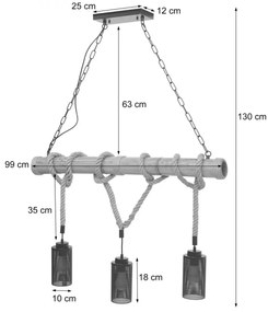 Závesné svietidlo H82 industrial, tube 3 74205 - kov / bambus - Čierna