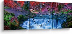 Obraz vodopádu v červenom lese (s hodinami) (90x30 cm)
