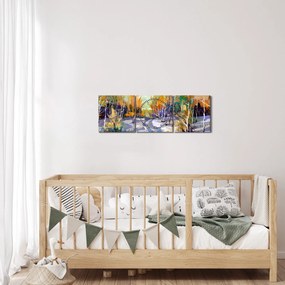 Obraz - Zasnežená cesta lesom, olejomaľba (s hodinami) (90x30 cm)