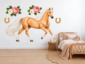 Kôň palomino s pivonkami elegantné koňské nálepky na stenu arch 46 x 33 cm