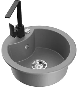 Mexen Diego, 1-komorový granitový drez 488x488x167 mm, chrómový sifón, čierna matná batéria Rita, šedá, 6512-71-670300-70