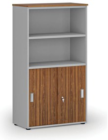 Kombinovaná kancelárska skriňa PRIMO GRAY, zasúvacie dvere na 2 poschodia, 800 x 420 x 1434 mm, sivá/orech