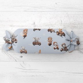 Biante Detský vankúš valec bonbon Sandra SA-629 Zvieratká v autách na modrom 15x40 cm