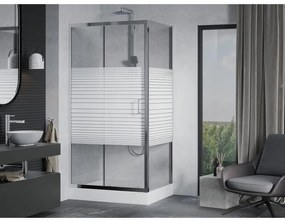 Mexen Apia, sprchový kút s posuvnými dverami 120 (dvere) x 90 (stena) cm, 6mm číre sklo s pásikmi, chrómový profil + biela sprchová vanička RIO s chrómovým sifónom, 840-120-090-01-20-4510