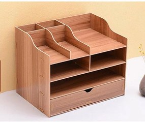 Drevený kancelársky organizér na dokumenty s 8 priehradkami a širokou zásuvkou tmavé drevo DIY 2411 Tmavé drevo