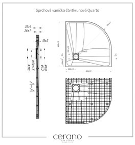 Cerano Quarto, štvrťkruhová sprchová vanička 80x80x3 cm z minerálneho kompozitu, čierna matná, CER-CER-414752