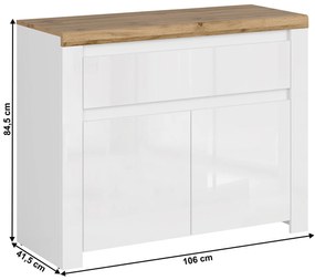 Komoda Vilgi 2D1S (vysoký lesk biely + dub wotan). Vlastná spoľahlivá doprava až k Vám domov. 1052047