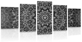 5-dielny obraz Mandala s abstraktným vzorom v čiernobielom prevedení - 100x50