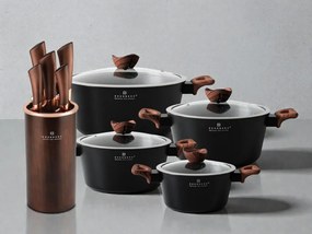 8-dielna sada hrncov + sada kuchynských nožov v stojane medenej farby