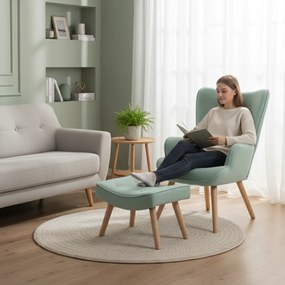 Kreslo ušiak CORDU + taburet — masív, látka, prírodná / mentolová