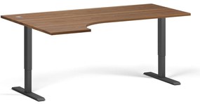 Rohový výškovo nastaviteľný stôl, 180x120 cm, 2 motory, L/P, čierna podnož, orech