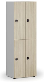 Drevená šatníková skrinka s úložnými boxmi, 4 boxy, kódový zámok, sivá/dub prírodný
