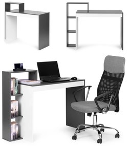 Biely a sivý kancelársky počítačový stôl, stôl + knižnica so 4 policami