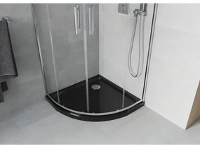 Mexen Rio, štvrťkruhový sprchovací kút s posuvnými dverami 90 x 90 cm, 6mm číre sklo, chrómový profil + čierna sprchová vanička, 863-090-090-01-00-4170