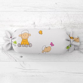 Biante Detský vankúš valec bonbon Sandra SA-728 Veselé ovečky na bielom 15x40 cm