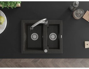 Mexen Carlos, 1,5-komorový granitový drez 582x475x177 mm a drezová batéria Elia, čierna-zlatá metalíza, 6518-75-670101-00