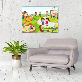 Sklenený obraz detských radovánok na pieskovisku (70x50 cm)