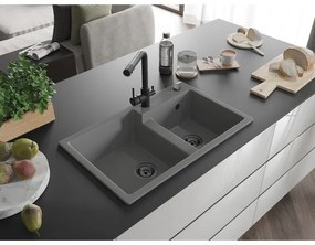 Mexen Tomas, granitový drez 800x500x190 mm, 2-komorový a čierna batéria Duero, šedá, 6516-71-671600-70-B