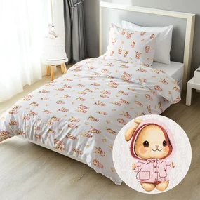 Biante Detské bavlnené posteľné obliečky Sandra SA-538 Ružové zajačiky a vtáčiky na bielom Predĺžené 140x220 a 70x90 cm