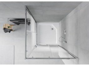 Mexen Rio, štvorcový sprchovací kút s posuvnými dverami 90 x 90 cm, 6mm číre sklo/pásy, chrómový profil + biela vysoká sprchová vanička Rio, 860-090-090-01-20-4510