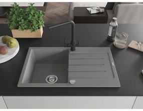 Mexen Bruno, 1-komorový granitový drez s odkvapkávačom 795x495x200 mm a čierna batéria Duero, šedá, 6513-71-671600-70