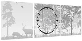 Obraz - Lúka s jeleňami (s hodinami) (90x30 cm)