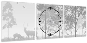 Obraz - Lúka s jeleňami (s hodinami) (90x30 cm)
